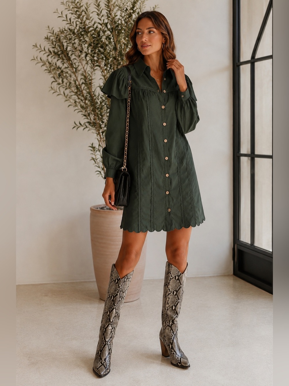 Farm Rio - Forest Green Long Sleeve Dress - Perfect for Fall